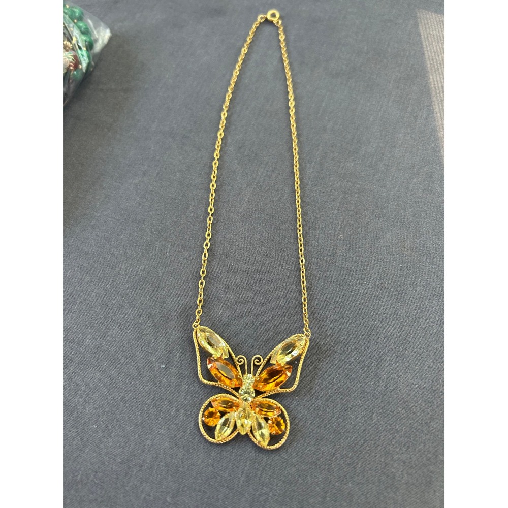 Butterfly Pendant Necklace Gold Tone Yellow Amber Crystal Marquise 14 Inch Chain